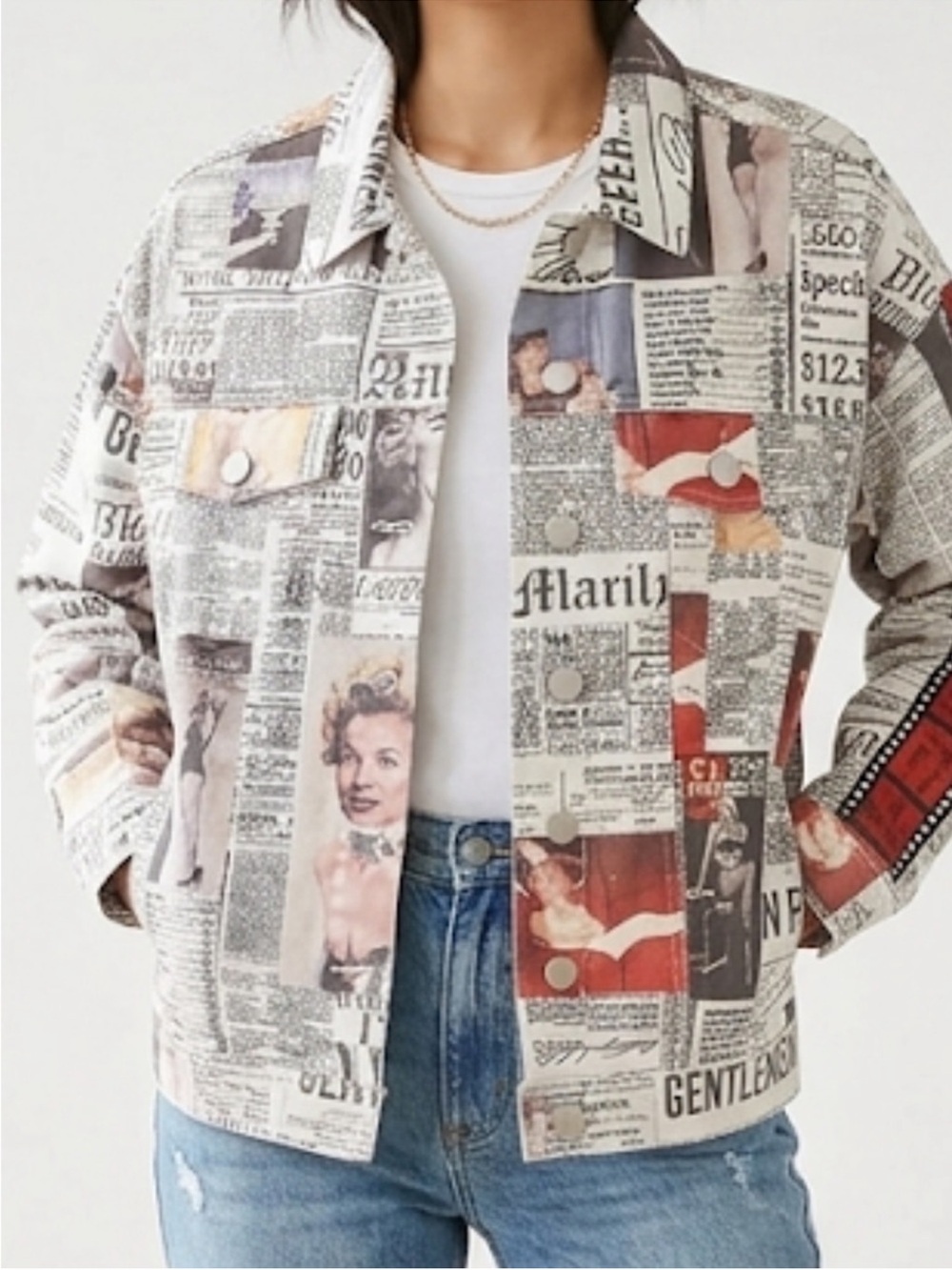 NWOT Forever 21 Marilyn Monroe Newspaper Print Denim Jacket.  Size Small